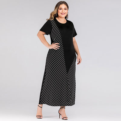 Big Size Women Dress Black Round Neck Short Sleeve Contrast Color Stripe Patchwork Maxi Dresses