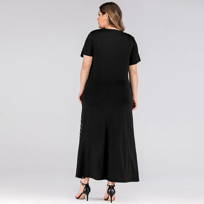 Big Size Women Dress Black Round Neck Short Sleeve Contrast Color Stripe Patchwork Maxi Dresses