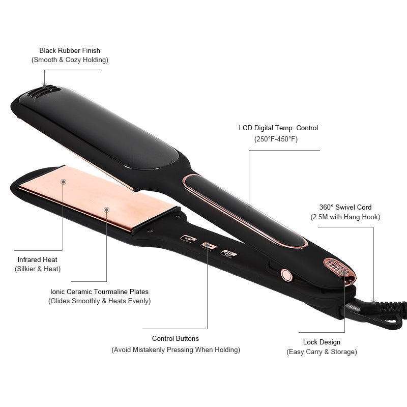Cross-Border Exclusively For Lcd Display Infrared Hair Care Straightener Black Wide Plate Hair Straightener