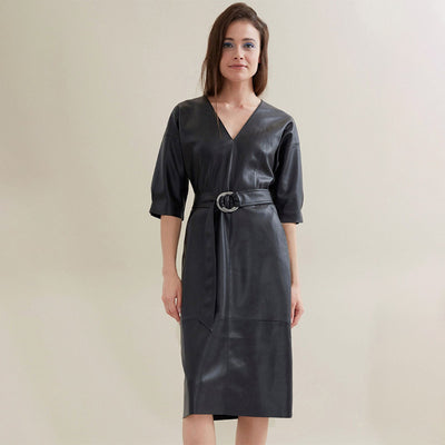 Belted PU leather mid-length dress