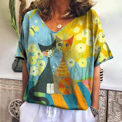 New Ladies T-Shirts Summer Short Sleeve Tops Kitten Graphics