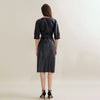 Belted PU leather mid-length dress
