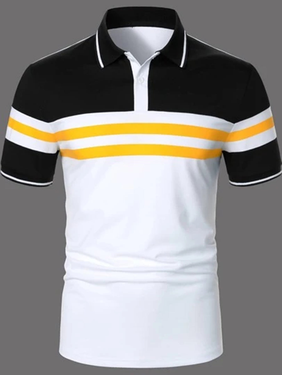 Striped Printed Short Sleeve Button Polo Shirt For Men