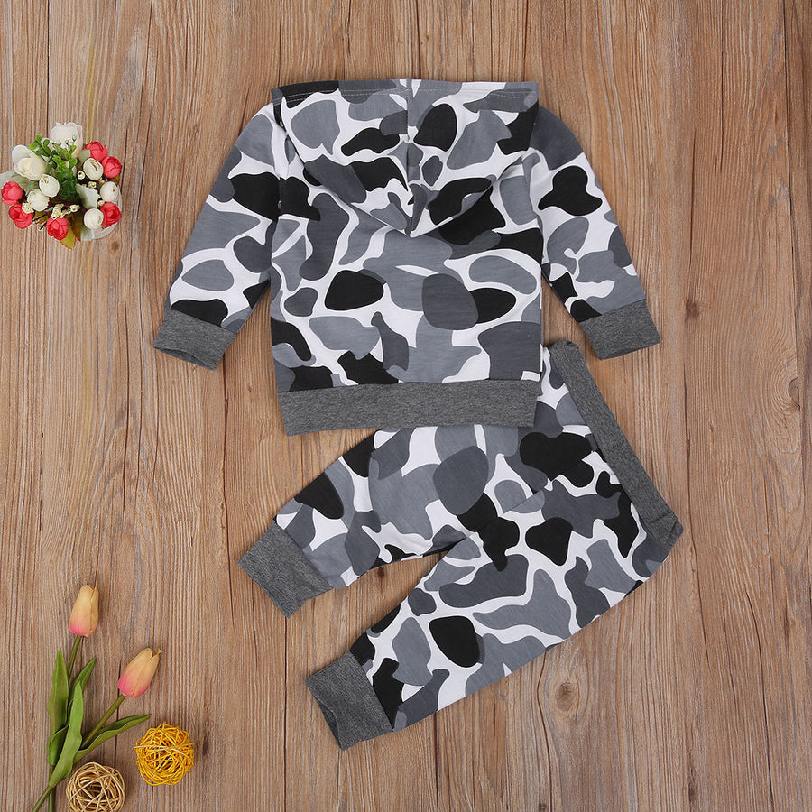Small And Medium Boys Camouflage Cotton Trousers Long Sleeve Hoodie Two-piece Set Blouse And Pants